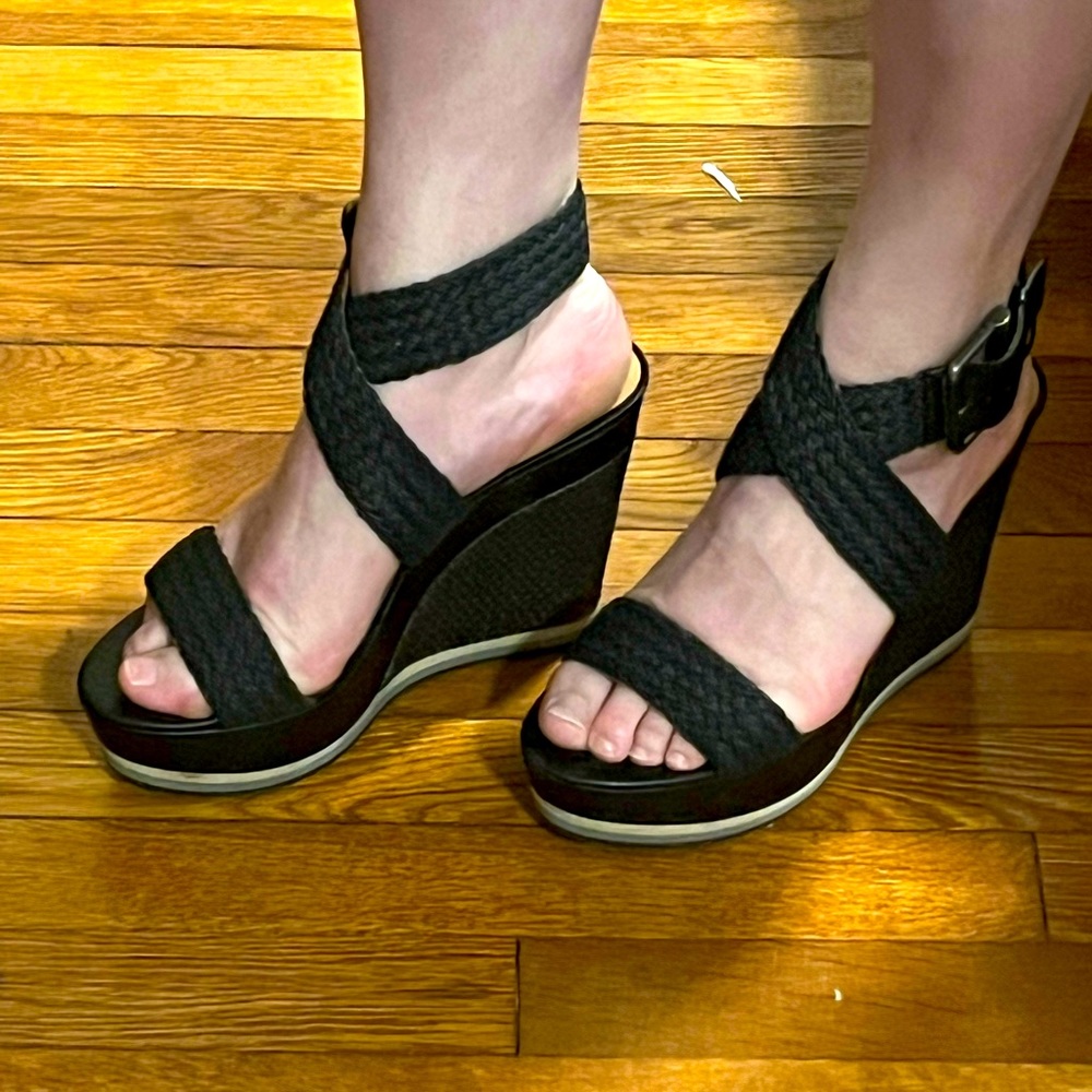 Nine West Wedge Ankle Strap Black Sandals
